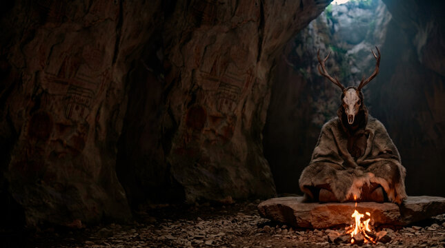 Prehistoric shaman wearing a deer skull mask and fur sitting by a campfire in a dark cave