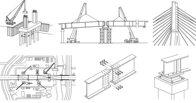 Vector line art blueprint illustration of bridge construction site engineering schematics and architectural details