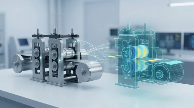Animated medium shot of an advanced virtual twin replicating tandem cold mill machinery to analyze performance and enhance precise control remotely.