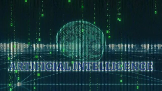 Artificial intelligence brain icon floats against a background of falling green digital binary code and network lines.