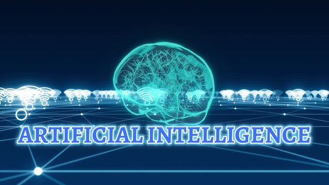 Artificial intelligence brain graphic glows above a digital grid representing advanced machine learning technology.