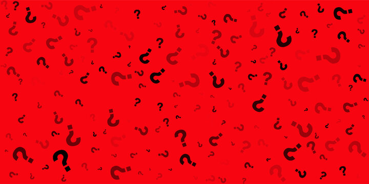 Abstract red background filled with scattered question mark symbols in different sizes and opacity. Modern conceptual pattern representing curiosity, mystery