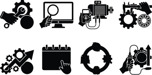 Industrial Machine Maintenance and Mechanical Engineering Icon Set for Equipment Testing Optimization and Schedule Planning © MdSagor