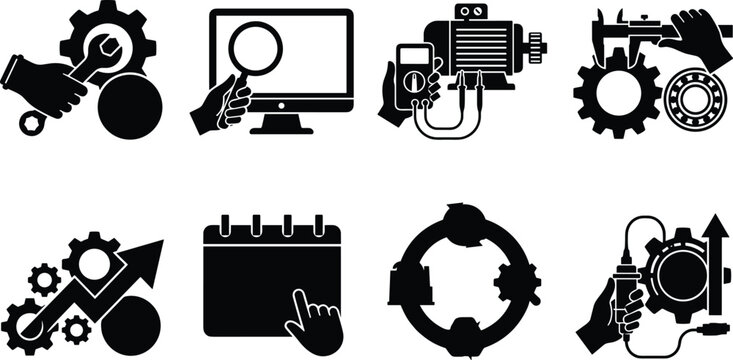 Industrial Machine Maintenance and Mechanical Engineering Icon Set for Equipment Testing Optimization and Schedule Planning
