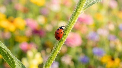 Bright red ladybug with distinct black spots crawling slowly upward along a vibrant green fuzzy plant stem during a sunny afternoon in a colorful blooming garden © R-Design