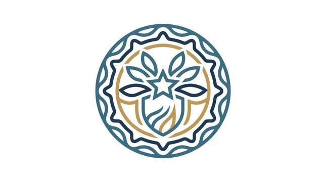 Abstract circular logo with star and flame motifs.