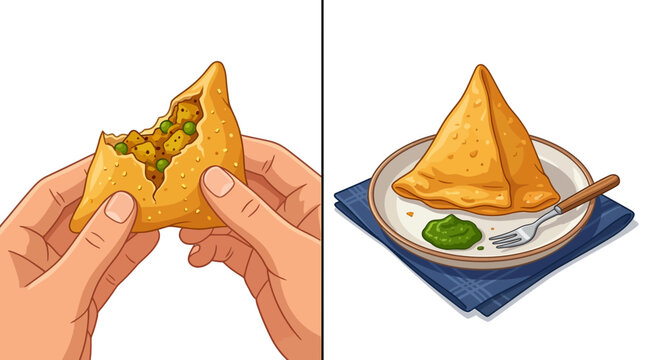 Vector illustration of savory fried triangular pastries with vegetable filling