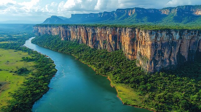Aerial view of a wide blue river flowing along a massive sandstone cliff and lush forest