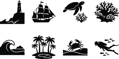 Obraz premium Collection of nautical symbols and marine life silhouettes for travel and beach designs