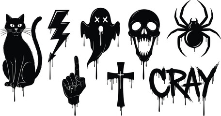 Halloween urban streetwear set with dripping black silhouettes of black cat lightning bolt ghost screaming skull spider cross and crazy typography © MstSabera