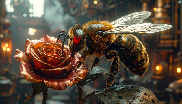 Close-up of a steampunk robotic bee near a copper rose blossom with sci fi steampunk mechanical technology industrial
