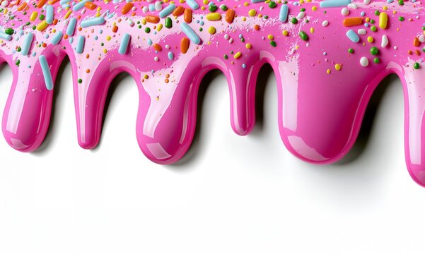 Glossy pink frosting dripping with colorful candy sprinkles over white background with large copy space for sweet celebration and advertising design