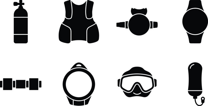 Scuba Diving and Snorkeling Equipment Icon Set Featuring Oxygen Tank Mask Regulator and Buoyancy Compensator Graphics