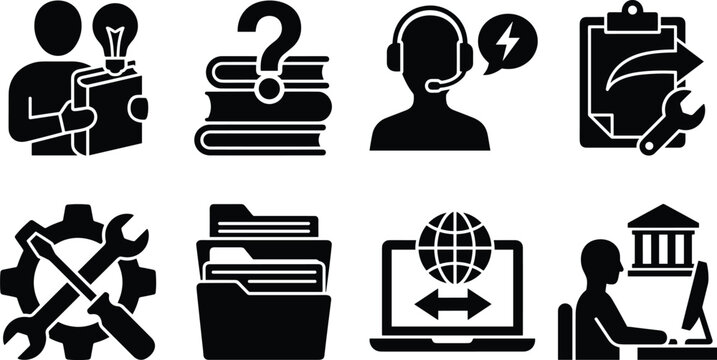 Technical support and knowledge base glyph icons set representing customer service data management and online learning