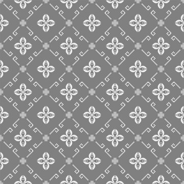 Seamless white pixel folk floral pattern on a grey background featuring traditional geometric motifs. Ideal for fabric, wallpaper, wrapping paper, stationery, and surface design.