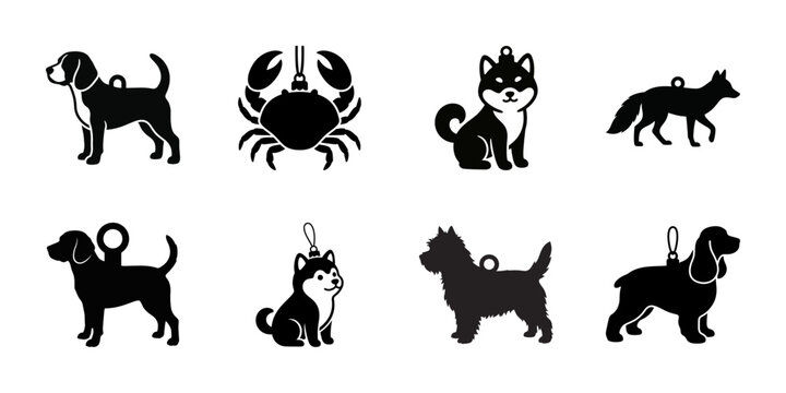 Black Animal Silhouettes Icon Set - Dogs, Fox, Crab Ornaments