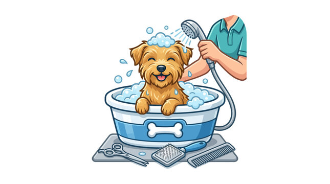 A person gives a small dog a bath in a blue tub outdoors.