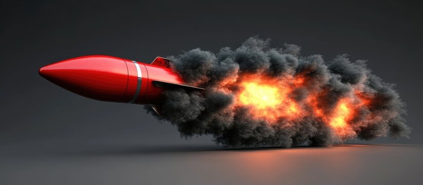 3D Illustration of a Fast Red Rocket Launching with a Trail of Fire and Smoke on a Dark Background