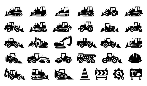 Building Machine Black Silhouette Vector Set with Bulldozer and Heavy Construction Equipment Icons