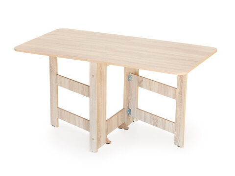 Folding gateleg dining table with light sonoma oak texture and metal hinges isolated on white background