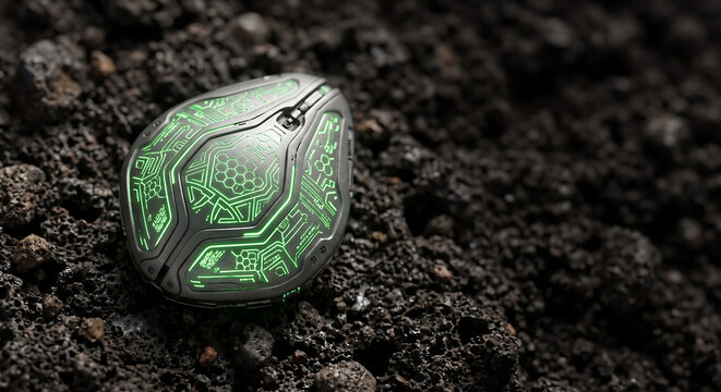Futuristic glowing seed pod on dark volcanic soil, alien organic technology device, bioluminescent green electronic artifact in dirt, sci-fi biological hardware concept