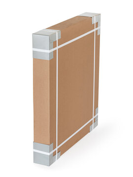 Flat cardboard box with white strapping tape and protective metal corner guards for safe transportation isolated on white background