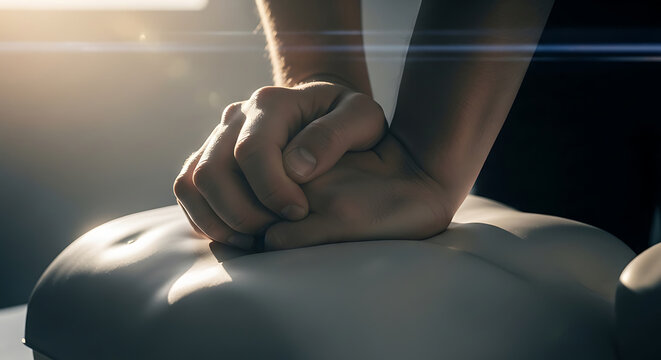 Medical CPR training with hands performing an emergency resuscitation on a rescue mannequin