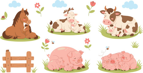 Hand-drawn Farm Animals with Horses, Cows, Pigs, Calves, Piglets, and Flowers for Kids’ Animal Illustrations © MstSabera