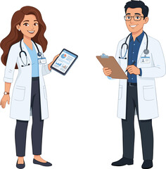 Fototapeta premium Medical Doctors Vector Character Set with Male and Female Healthcare Professionals Holding Tablet and Clipboard for Hospital and Clinic Designs