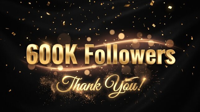 600K Followers Celebration Background with Golden Balloons and Thank You Text on Black Luxury Background
