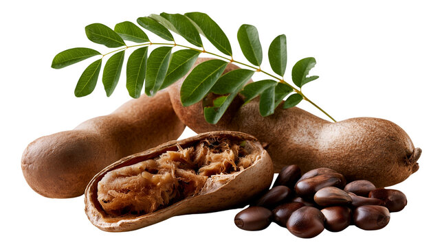 Tamarind fruits and seeds with leaves isolated on transparent background
