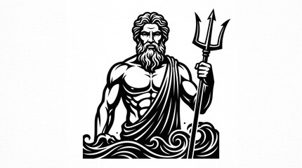 Fototapeta premium Poseidon Greek God of the Sea Vector Illustration, Neptune holding Trident in Ocean Waves, Black and White Roman Mythology Mascot Emblem Line Art on Isolated Background