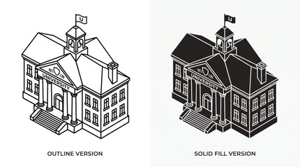 Fototapeta premium Isometric University Building Icon Set with Outline and Solid Fill Campus Vector Design on White Background