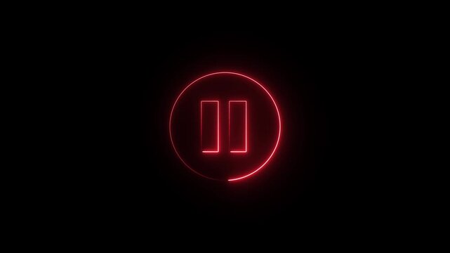 Glowing red neon media player pause icon in a circular frame isolated on black background.