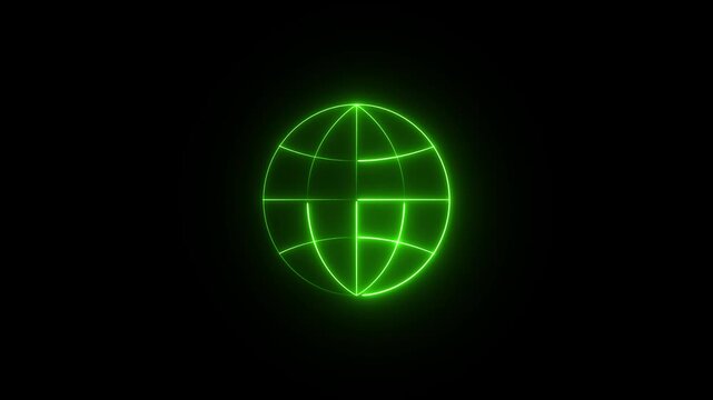 Green neon globe icon animation plane world map neon black background. 4k neon light motion