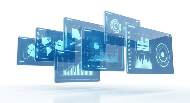 Futuristic blue digital screens with graphs and charts floating in mid-air on white background