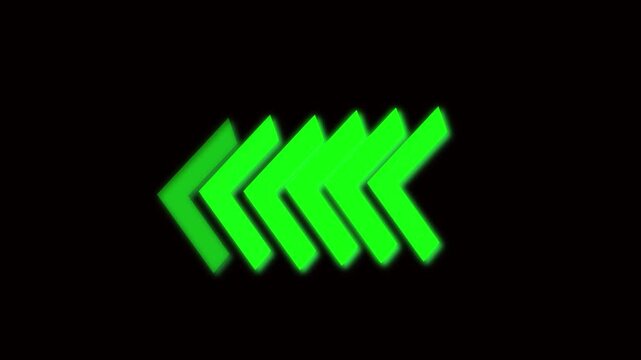 Two Glowing Green Left Arrows on a animation Black Background direction navigation. Animated glowing green left arrows move clearly showing directional navigation in dynamic visual effect.
