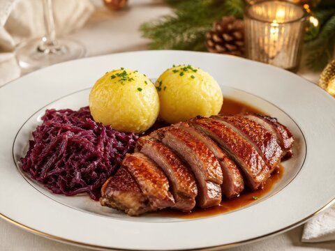 Gebratene Entenbrust mit Kartoffelkl&ouml;&szlig;en, Rotkohl und gl&auml;nzender Bratenso&szlig;e als elegantes Weihnachtsessen an Heiligabend in Deutschland auf festlich gedecktem Tisch.