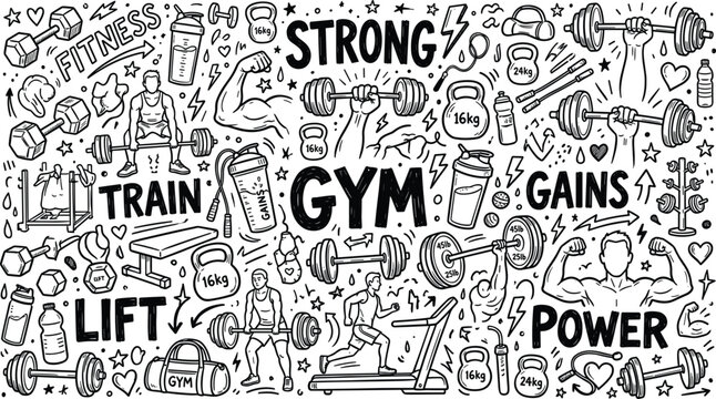 Fitness and Gym Doodle Vector Illustration Background Featuring Dumbbells, Barbells, Treadmills, Kettlebells, and Motivational Typography for Sports Apparel Graphic Designs
