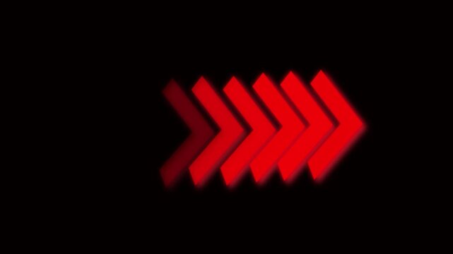 Three Red Glowing Arrows Pointing Right on a animation Black Background direction navigation. Animated red arrows glow and move right indicating dynamic directional navigation in sleek motion design.