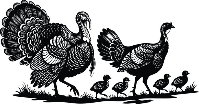 Black and white illustration of a turkey family with chicks walking on grass