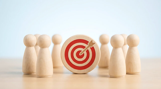 Target achievement with teamwork wooden peg people surrounding a bullseye