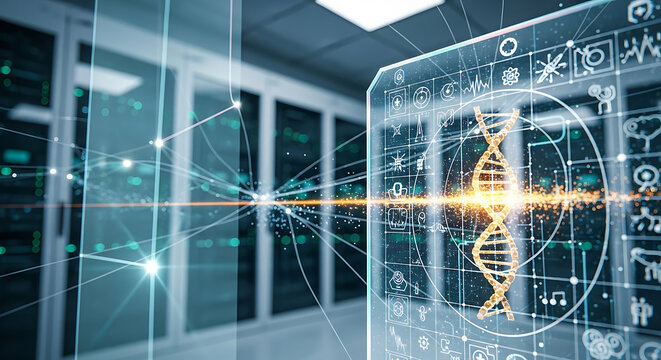 Advanced medical data technology showing a dna genetics helix in a futuristic server room environment for secure hipaa compliant research