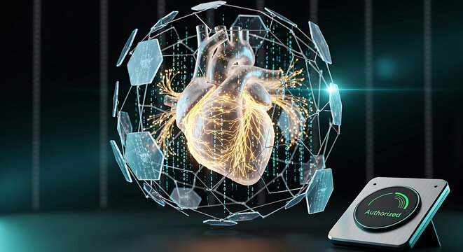Secure digital medical heart visualization representing HIPAA compliance cyber security and authorized patient data protection