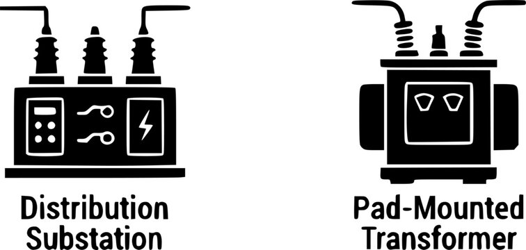 Vector silhouette illustration of a pad-mounted distribution transformer unit used for underground utility lines, featuring a heavy-duty ground cabinet enclosure, terminal bushings, and side cooling 