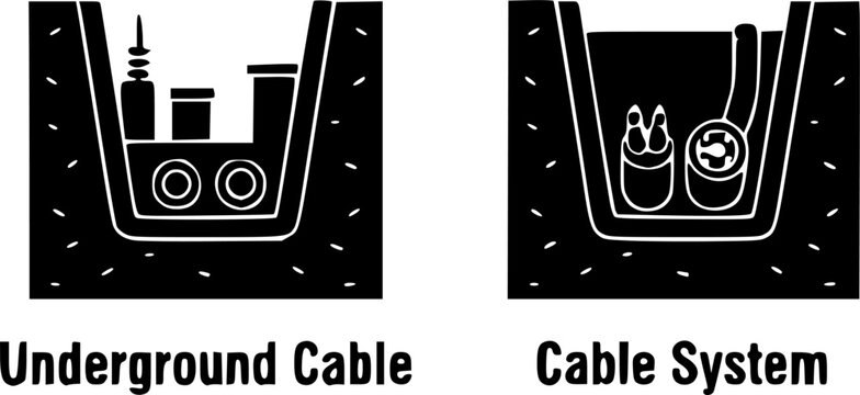 Underground Cable System Diagram, Electrical Power Cable Trench Installation Cross Section, Utility Engineering Vector Illustration