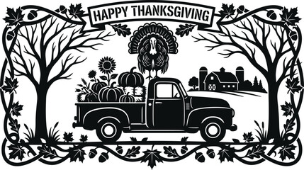 Happy thanksgiving vector illustration with vintage truck, turkey, pumpkins, sunflowers and farm barn © mdshakilkst46