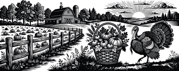 Thanksgiving farm scene with turkey and harvest basket © mdshakilkst46