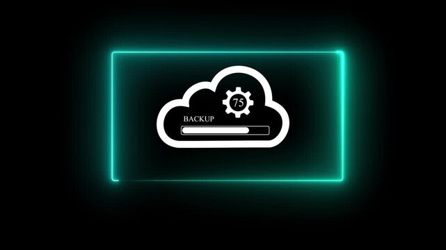 Backup concept, Online digital data storage and connection service. cloud storage icon with a loading progress bar and a percentage counter inside a neon rectangular frame on black background stock
