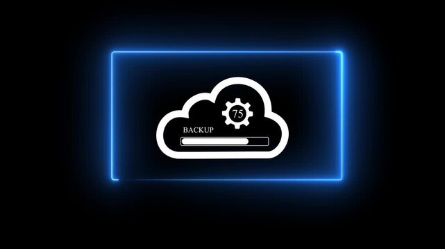 Backup concept, Online digital data storage and connection service. cloud storage icon with a loading progress bar and a percentage counter inside a neon rectangular frame on black background stock